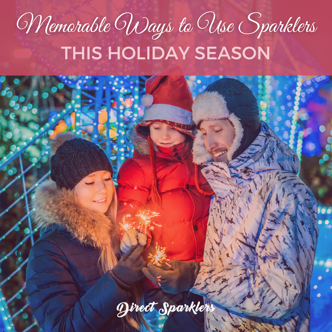 family in winter clothes lighting a sparkler outside